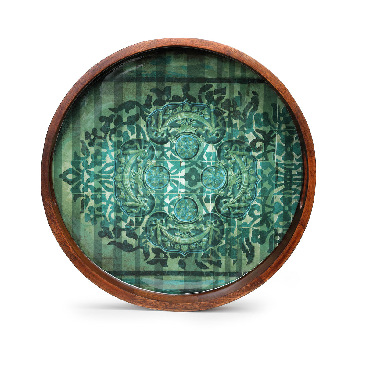 Green Antique Motif Artwork Round lightweight Wooden Tray