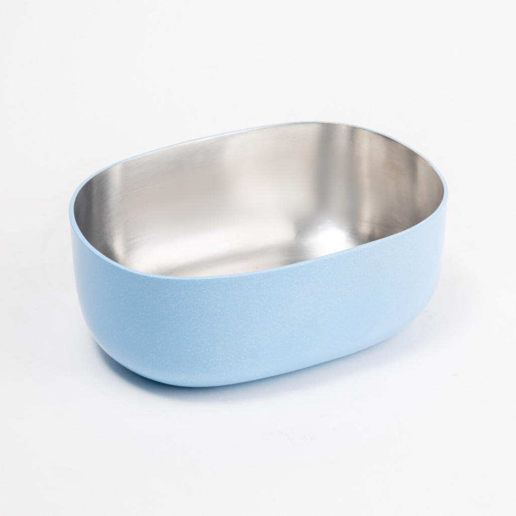 top view of powder blue bowl with silver nterior made in steel