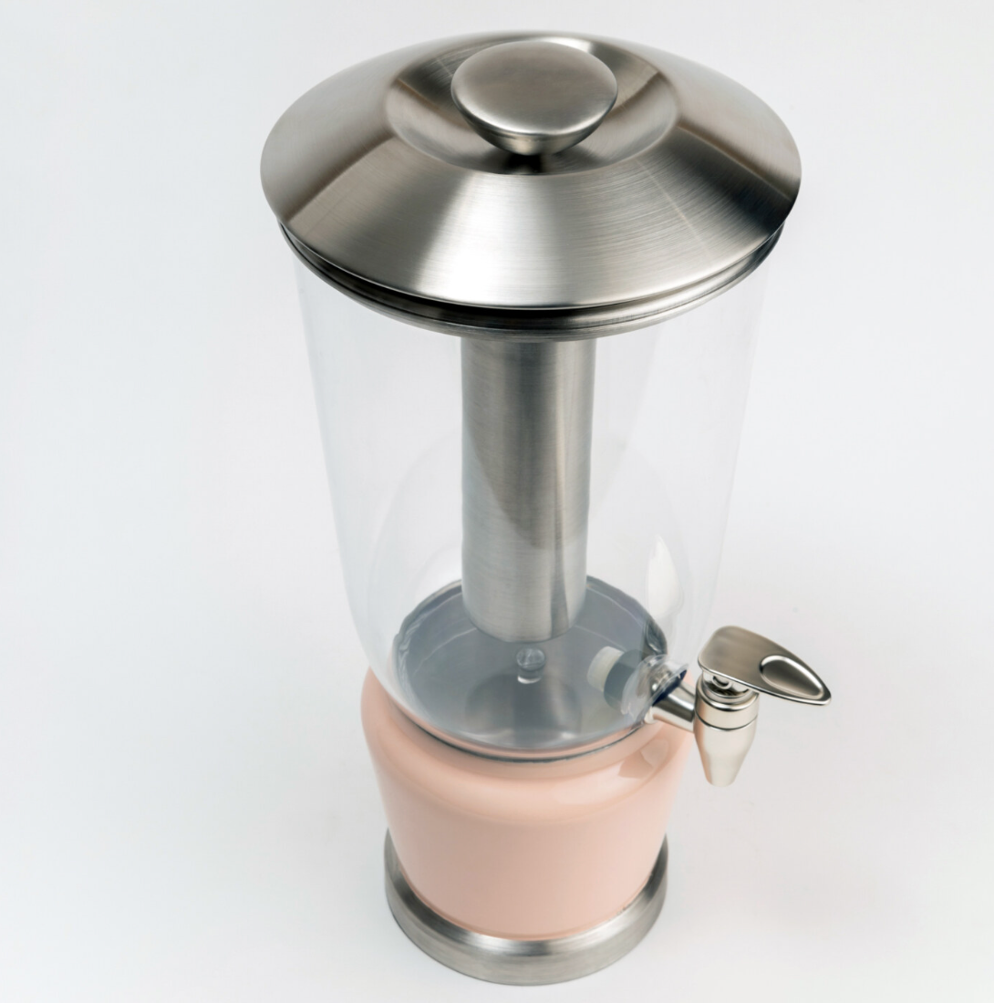 Blush Rose Luminique dispenser in Powder Pink in stainless steel and BPA free acrylic, with a high quality spigot tap