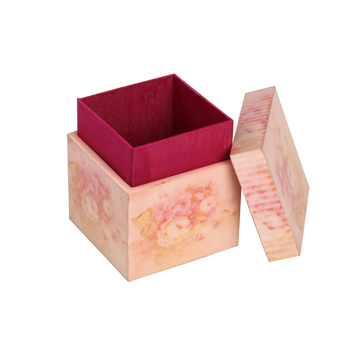 Opened Glossy Cube pink vintage Box with Bright pink silk