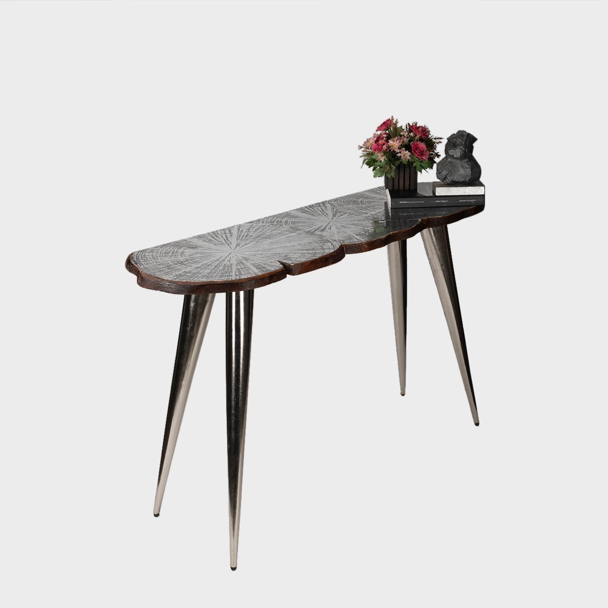 Modern console table featuring a lotus leaf texture and sleek metal legs