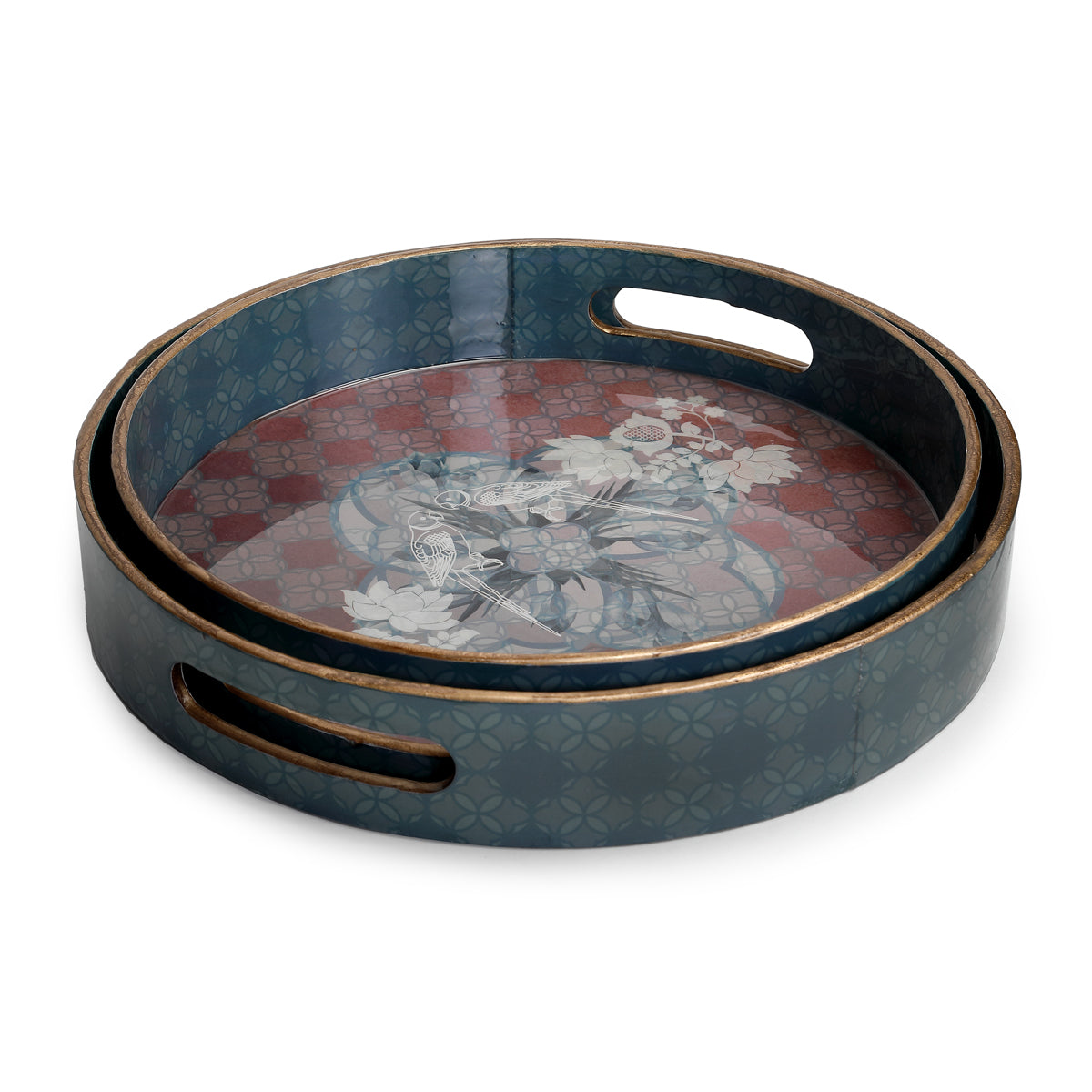 Dusky Harmony Round Wooden Glossy Trays (Set of two)