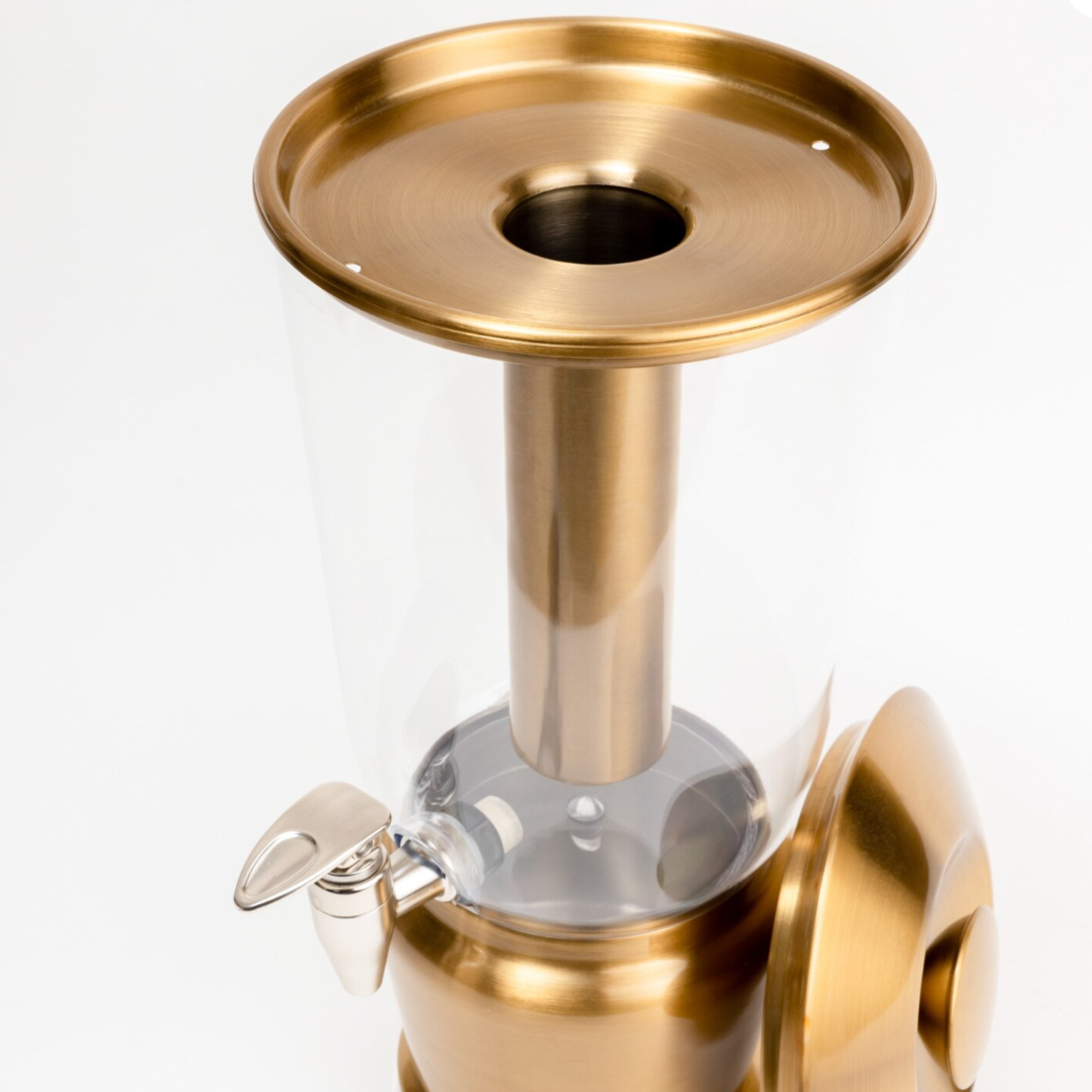 Gilded Gold Luminique dispenser in Vibrant Brass Finish in stainless steel and Acrylic with openable top chamber for easy access and cleaning