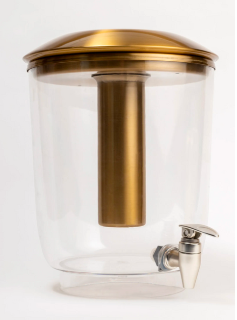 Gilded Gold Luminique dispenser in Vibrant Brass Finish in stainless steel and Acrylic with separable top