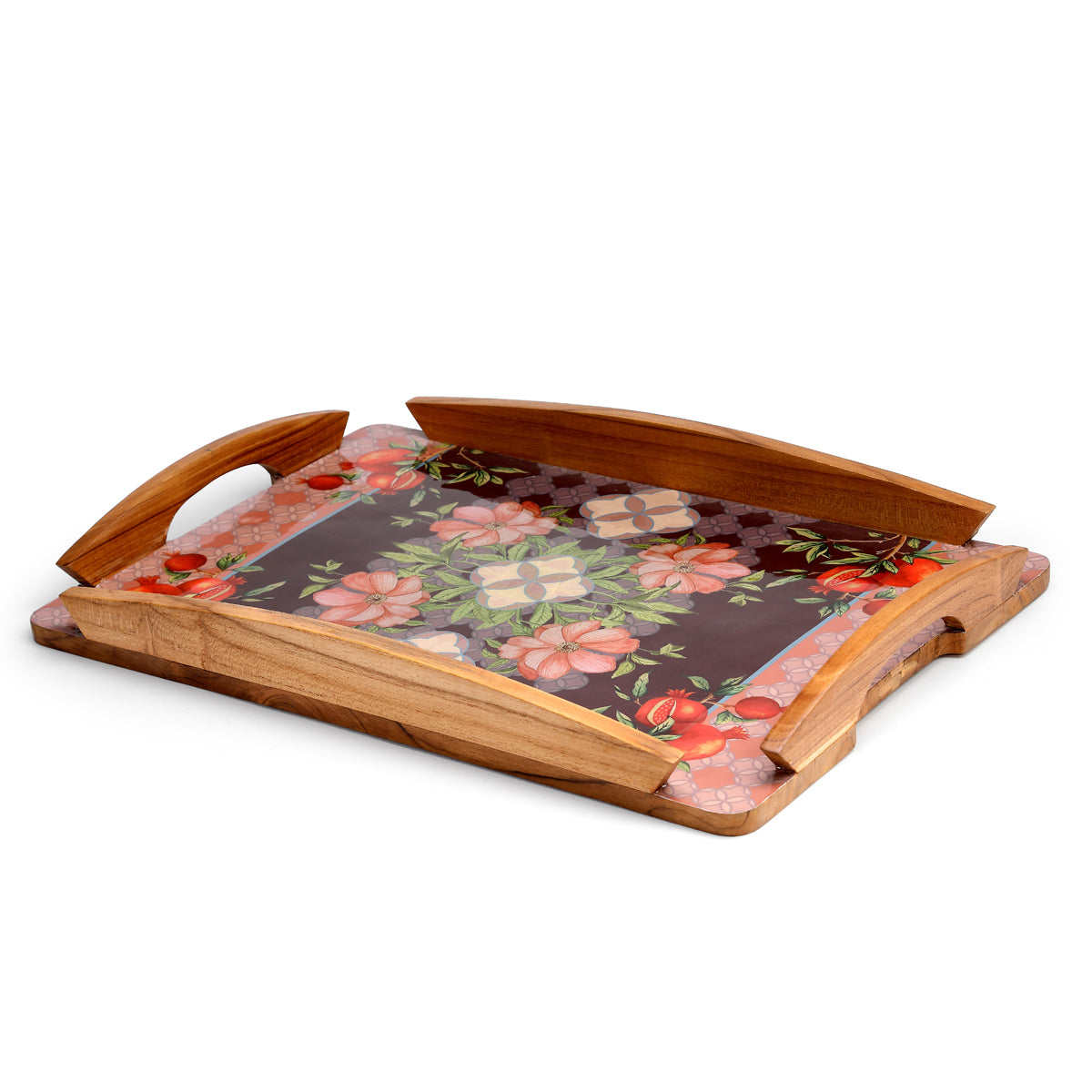 Granatum Mango Wooden Trays in plum, pink, and red
