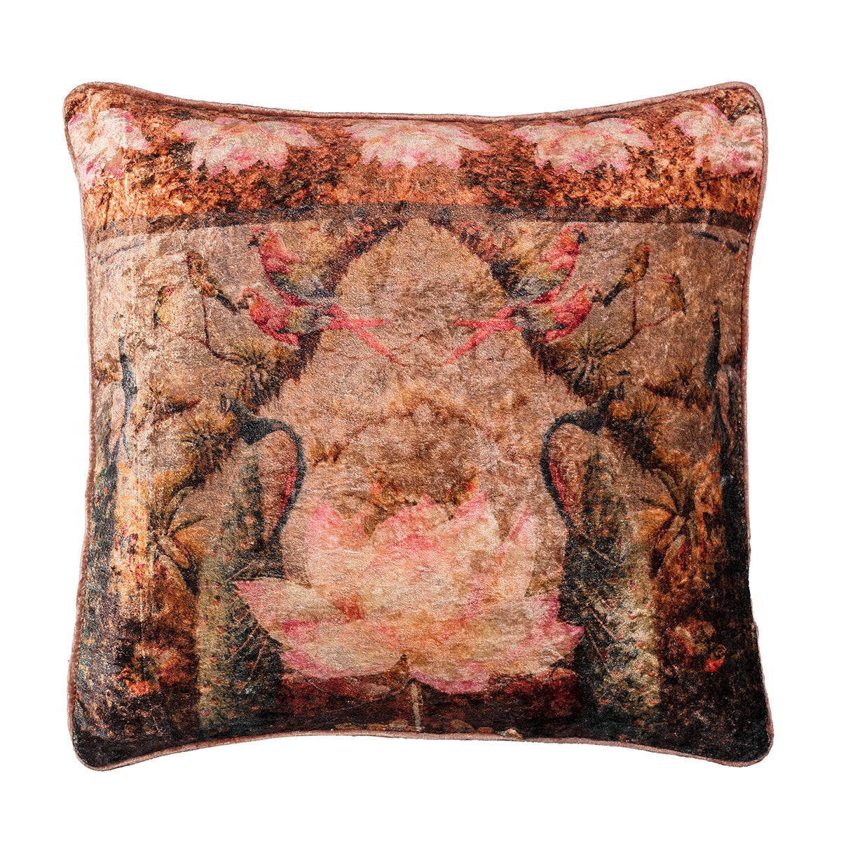 Gold, Pink, Green & Sepia Tones Parrot Pink Cushion Cover
