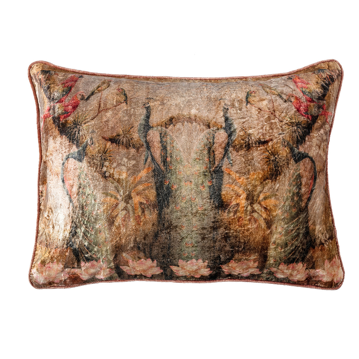 Palette of gold, pink, green, and sepia tones beautifully Peacock Rectangle Cushion Cover