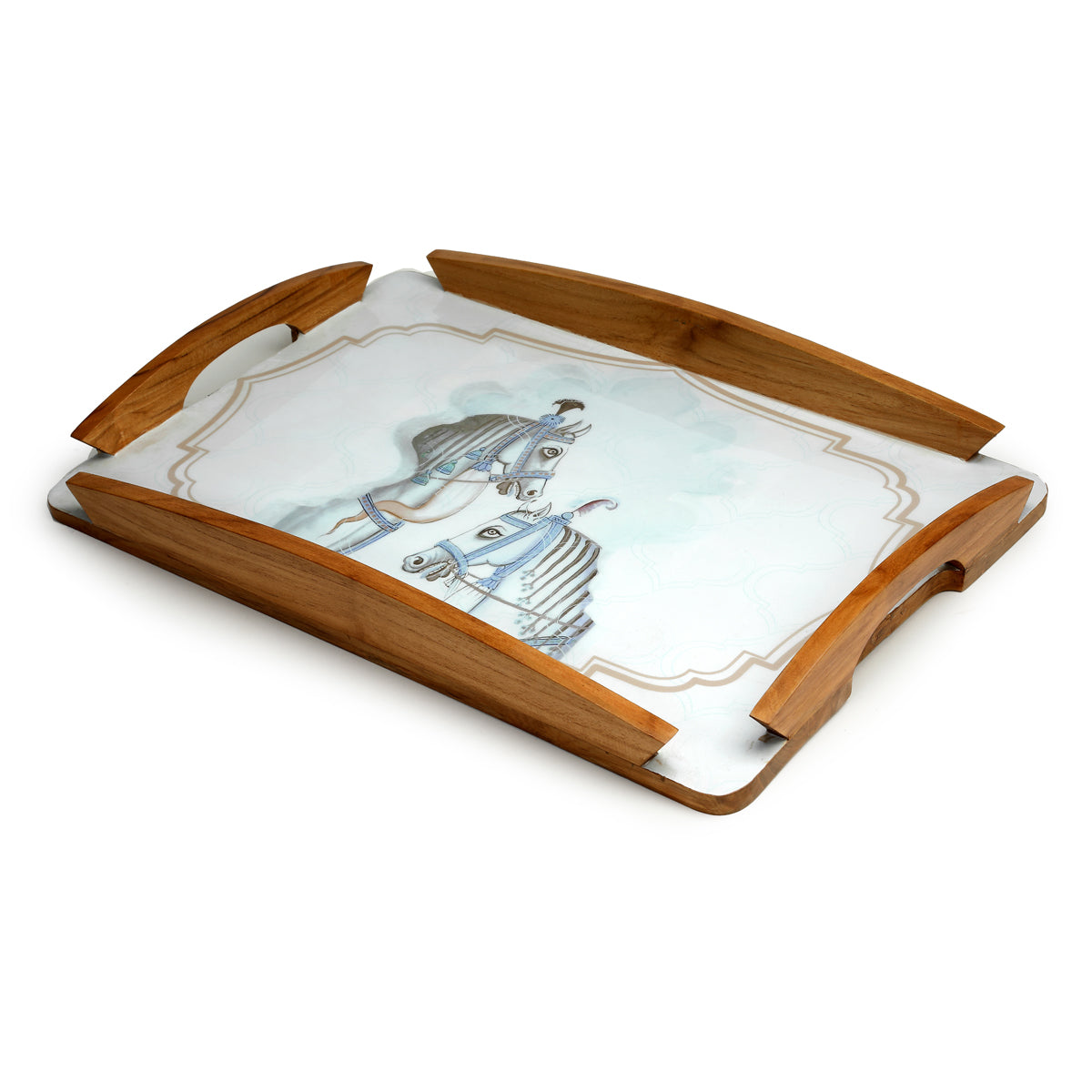 Beautifully Crafted pure Wood soft pink & blue trays with Horse Jharoka