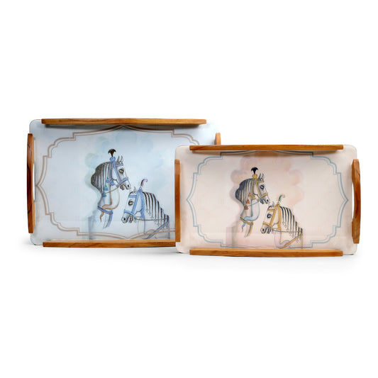 Set of two Wooden trays with Horse Jharoka Wooden Tray in soft pink and blue