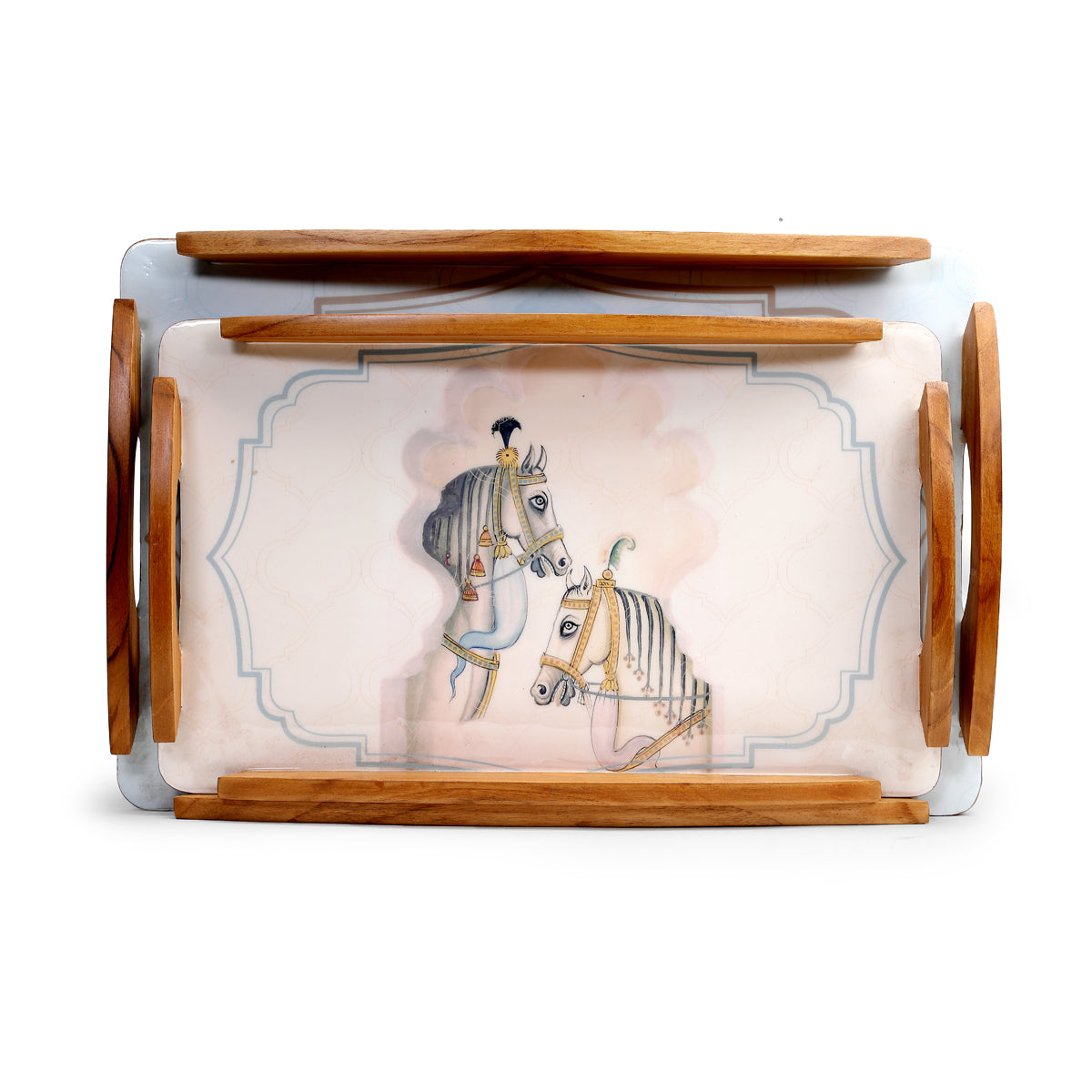 Set of two stacked Wooden trays with regal horses & Jharokas artwork in soft pink