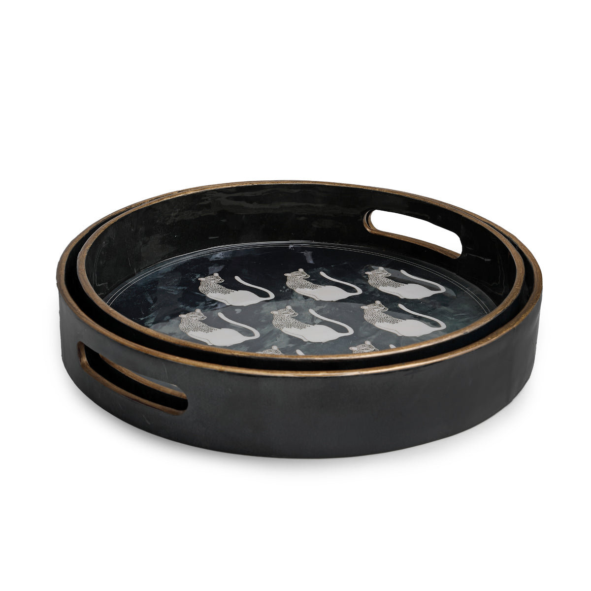 Set of two black Jaguar Round Glossy Tray