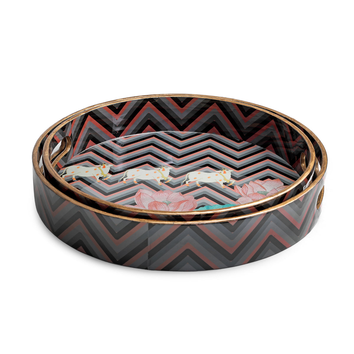 Nandi & Saiara lotus motifs Set of Two round Lotus Stride Glossy Tray