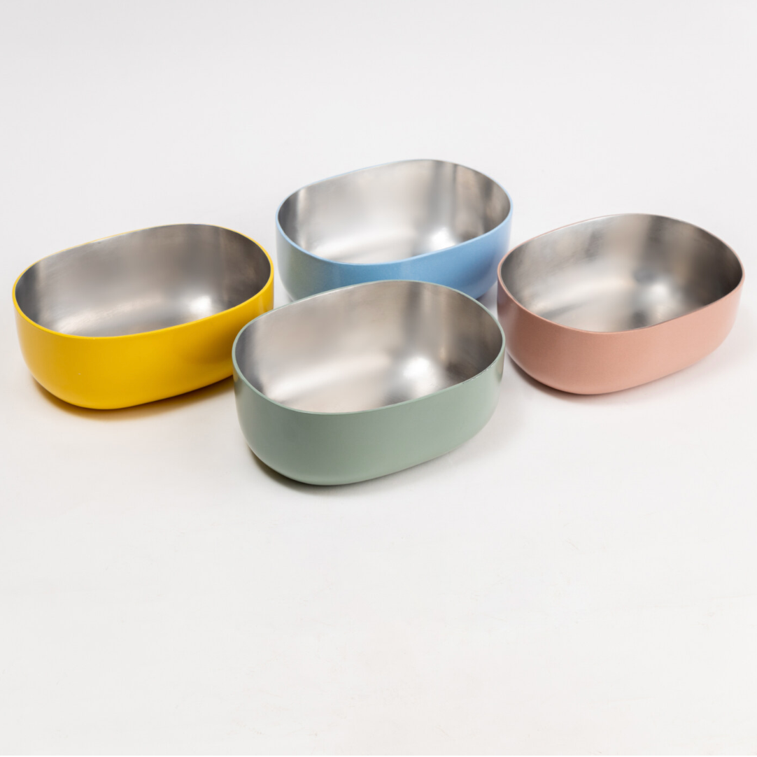 Pastel Celestique bowls with silver steel Pink Yellow, Green, and blue Colour