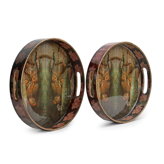 Peacock Round Glossy Wooden Tray