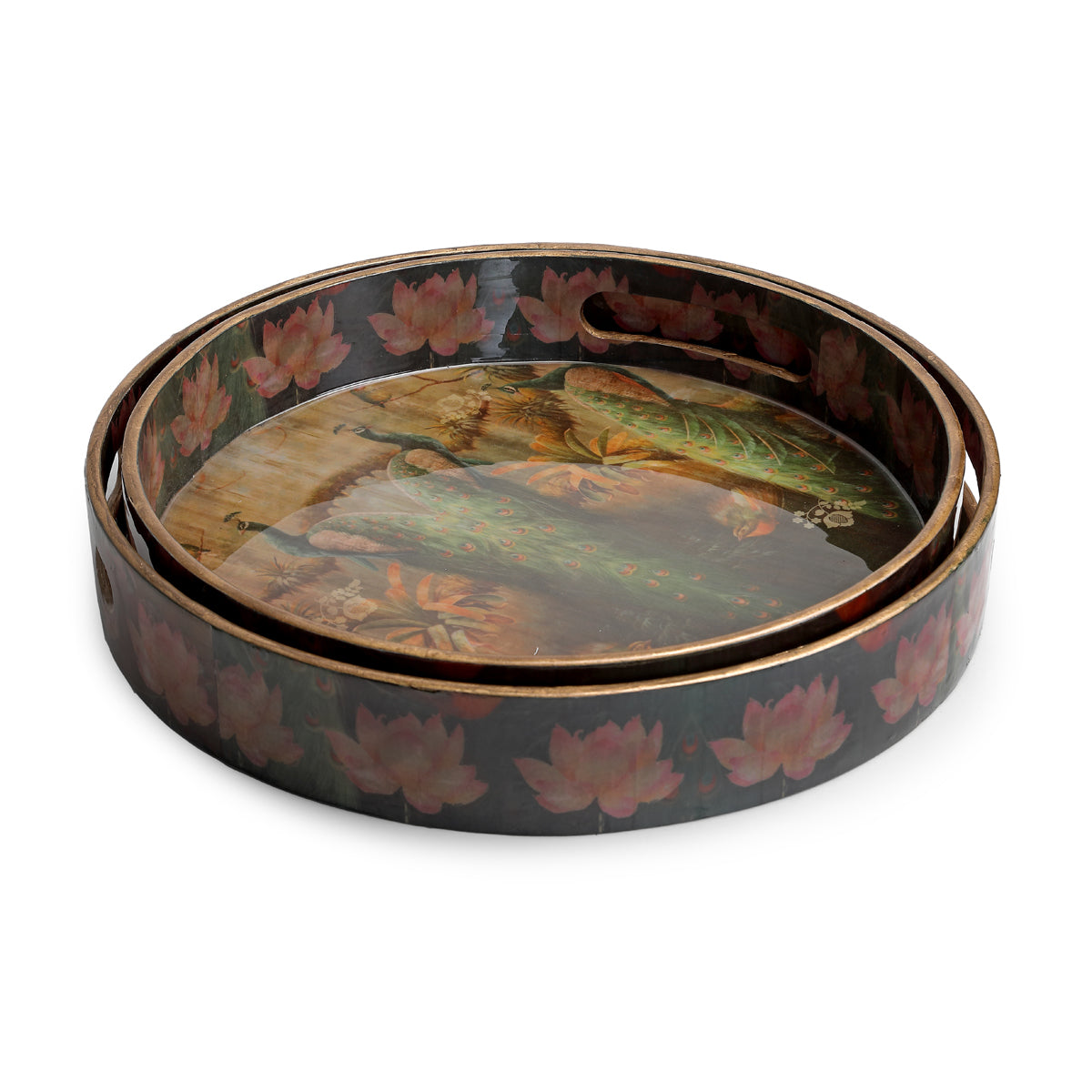 Set of two round Peacock Glossy Tray