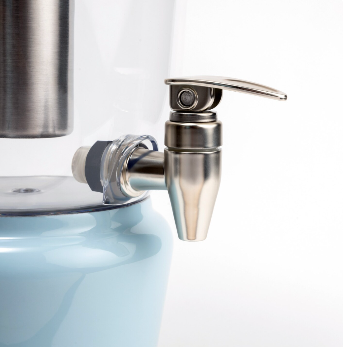 The very high quality stainless steel tap of the powder blue dispenser