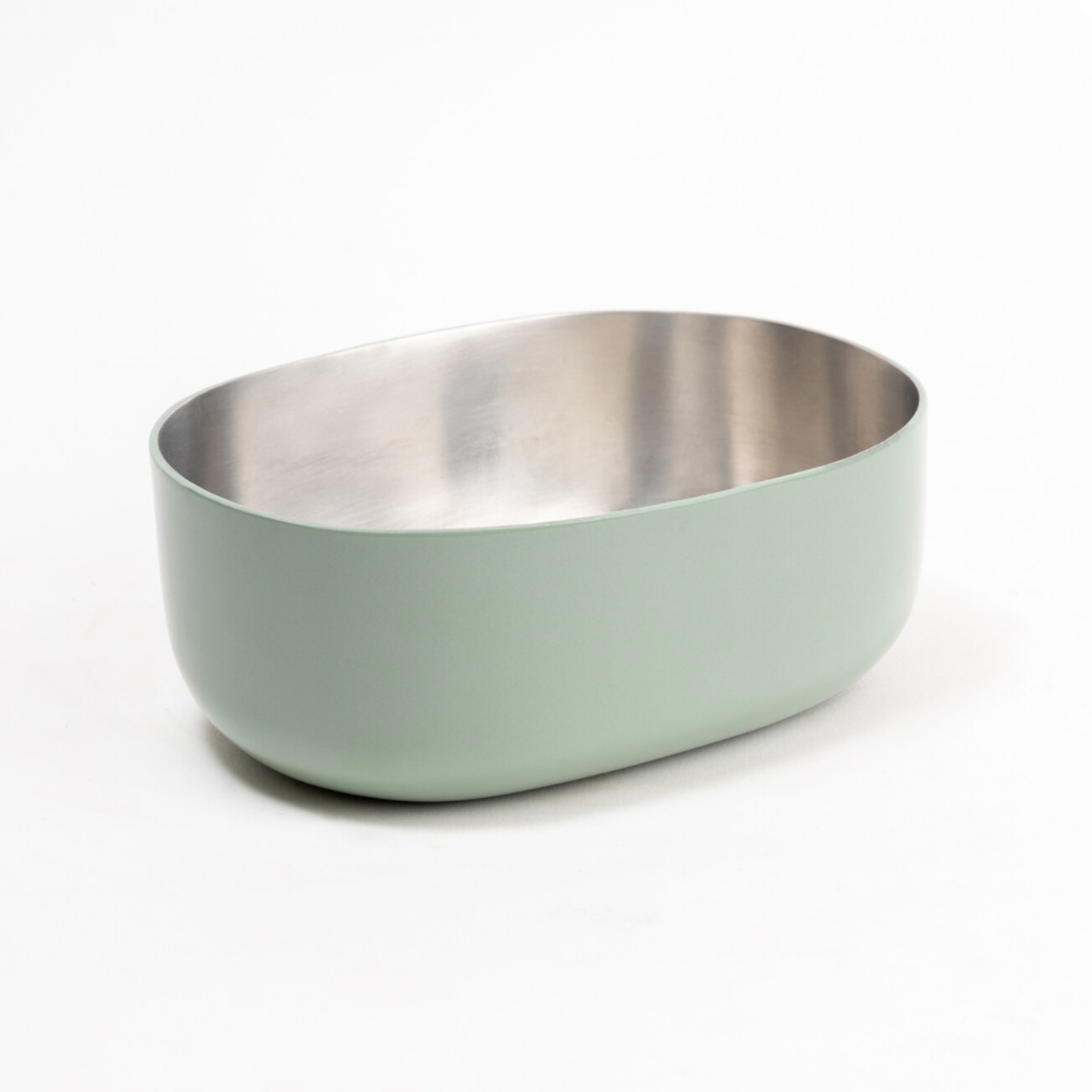 top view of a stainless steel Celestique Bowl in mellow sage green with silver interior