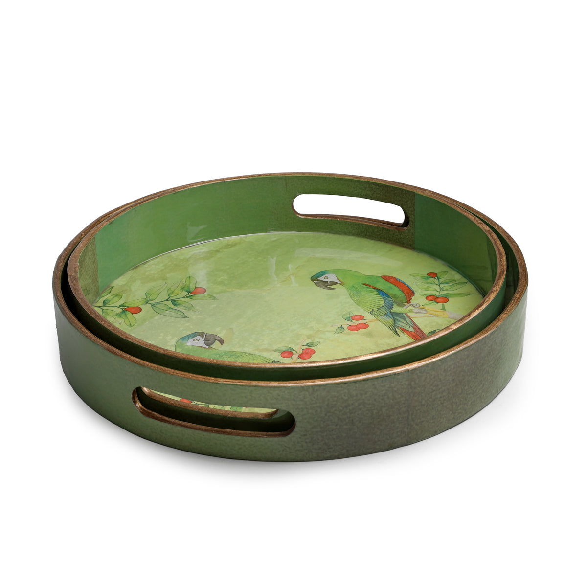 Two round glossy nested trays with a vibrant parrot design
