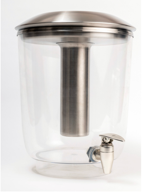 Water dispenser with an internal ice chamber of the Moonlit Silver Luminique Dispenser in stainless steel and BPA free acrylic with very high quality spigot tap