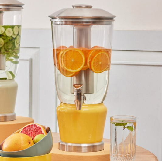 Citrus Burst Luminique dispenser in Bright Yellow filled with water infused with vibrant oranges