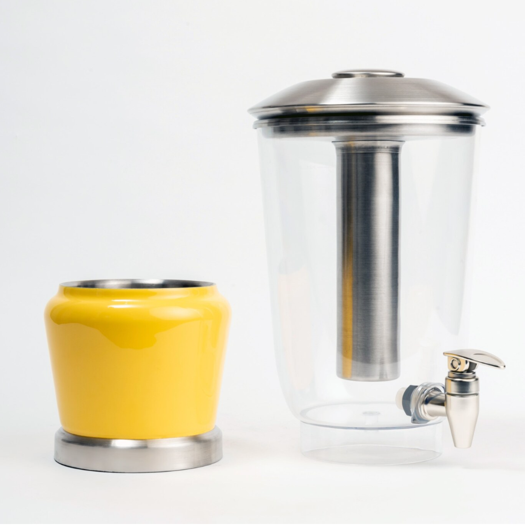 Citrus Burst Luminique dispenser in Vibrant yellow made in stainless steel and BPA free acrylic with seperable top and bottom for easy access and cleaning