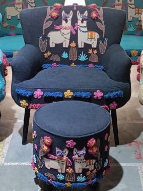 Charcoal Color Applique Llama Chair & Stool Set