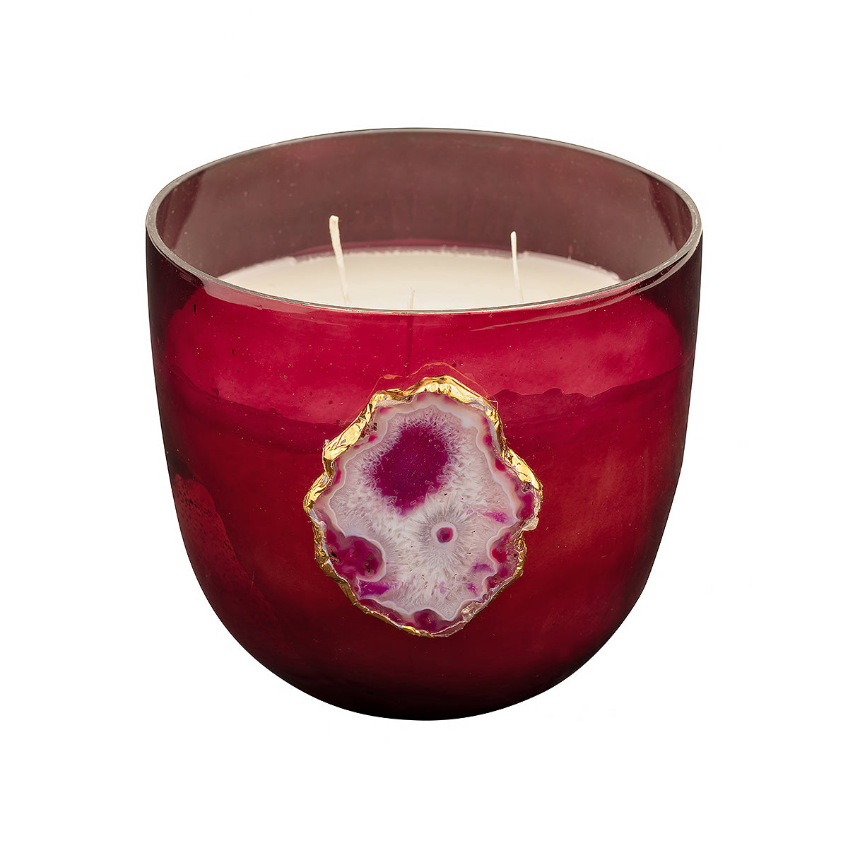 Three-wick dark pink candle with a natural agate stone