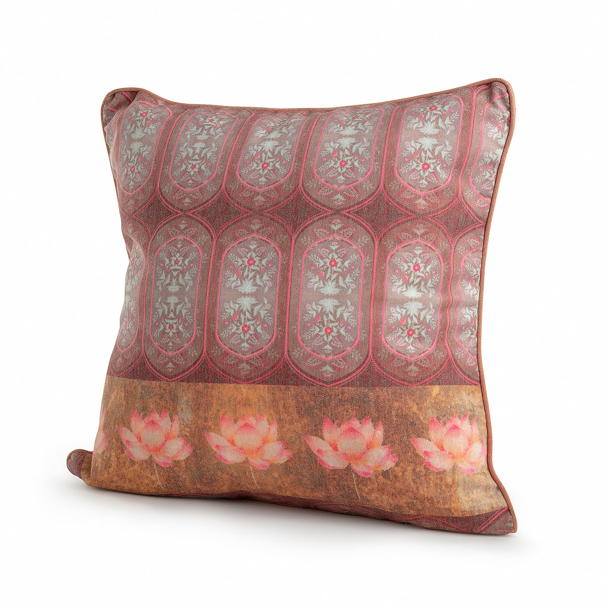Shades of Gold & Pink Wine Lotus Cushion Cover
