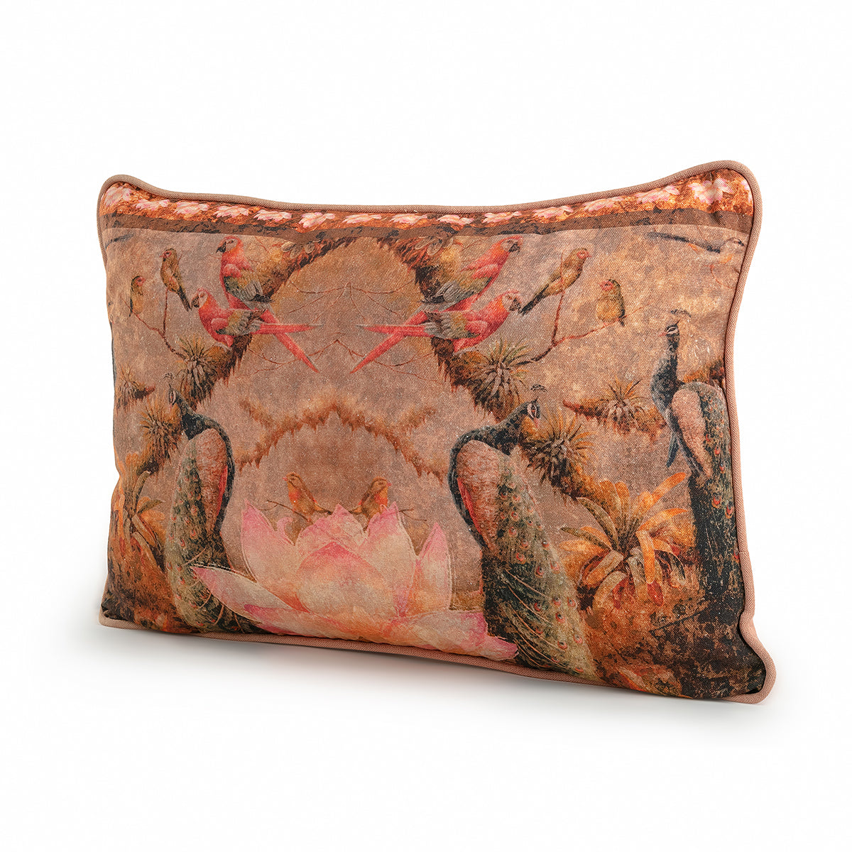 Palette of gold, pink, green & sepia tones Peacock Lotus Rectangle Cushion Cover