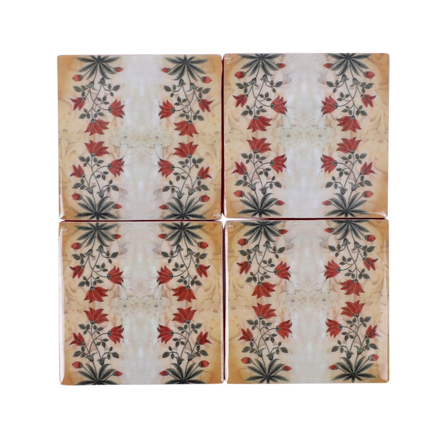 Set of 4 square coasters with vibrant red motif design