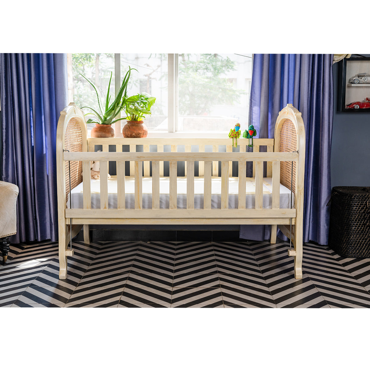 Teak Wood & Cane Baby Cot With handrails that move up and down
