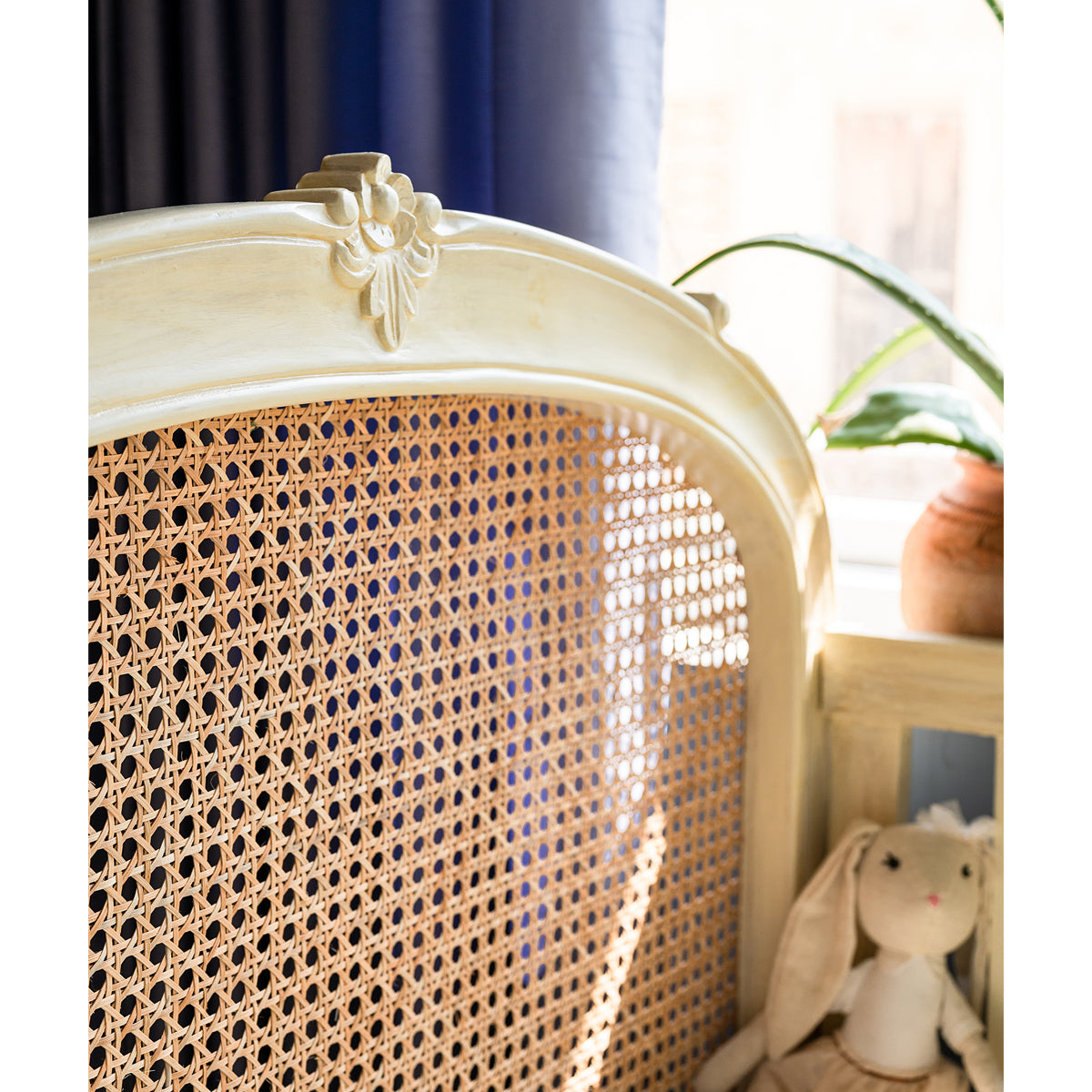 Back View Teak Wood & Cane Baby Cot