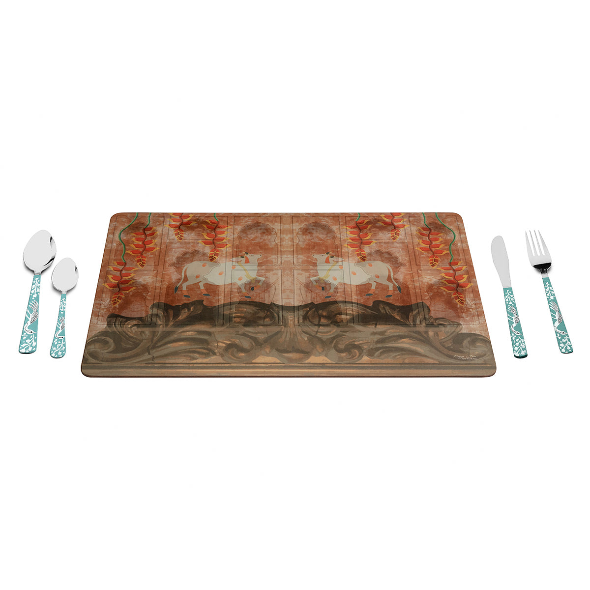 Pichwai Artwork Orange Wooden Table Mats