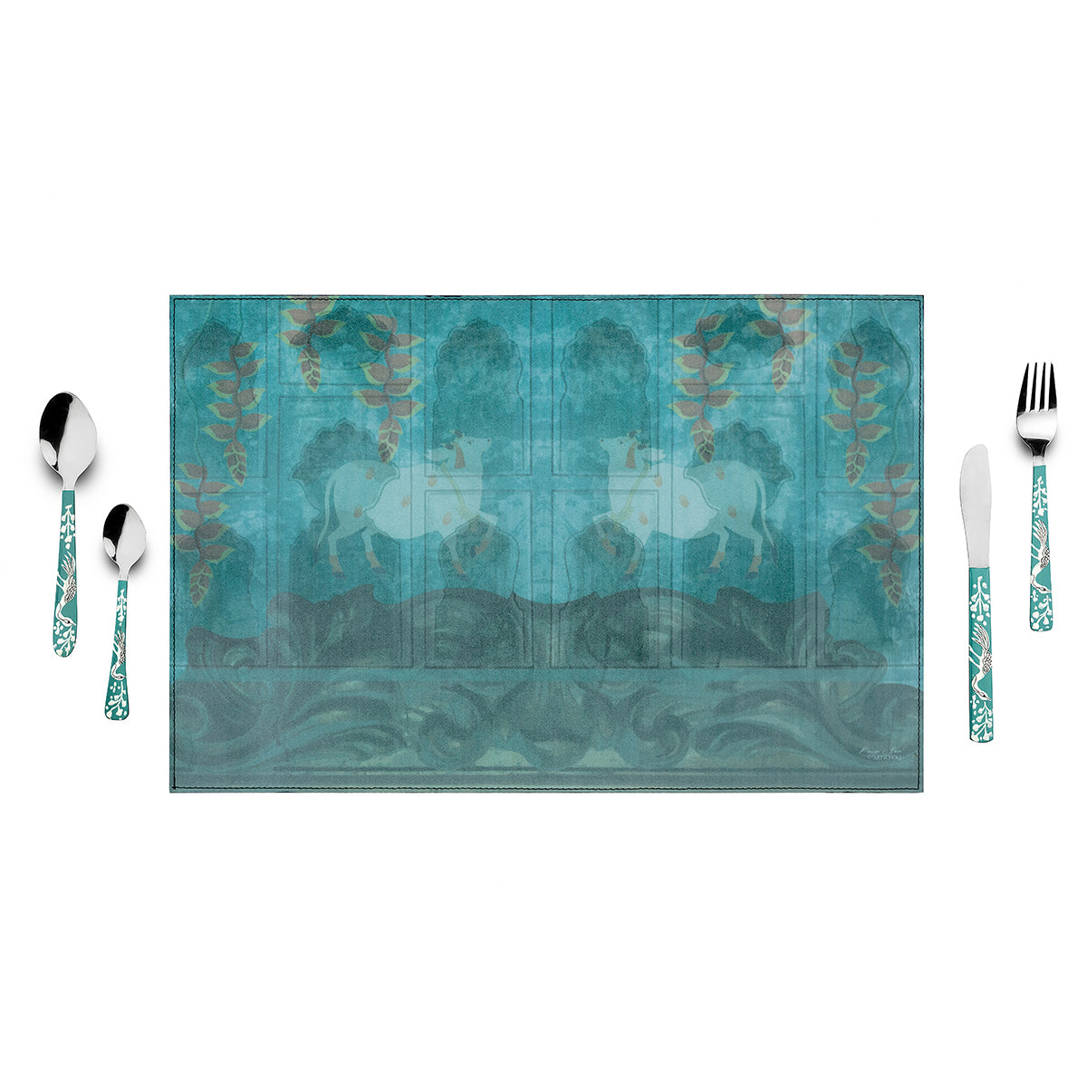Pichwai Green Table Mats Vegan Leather