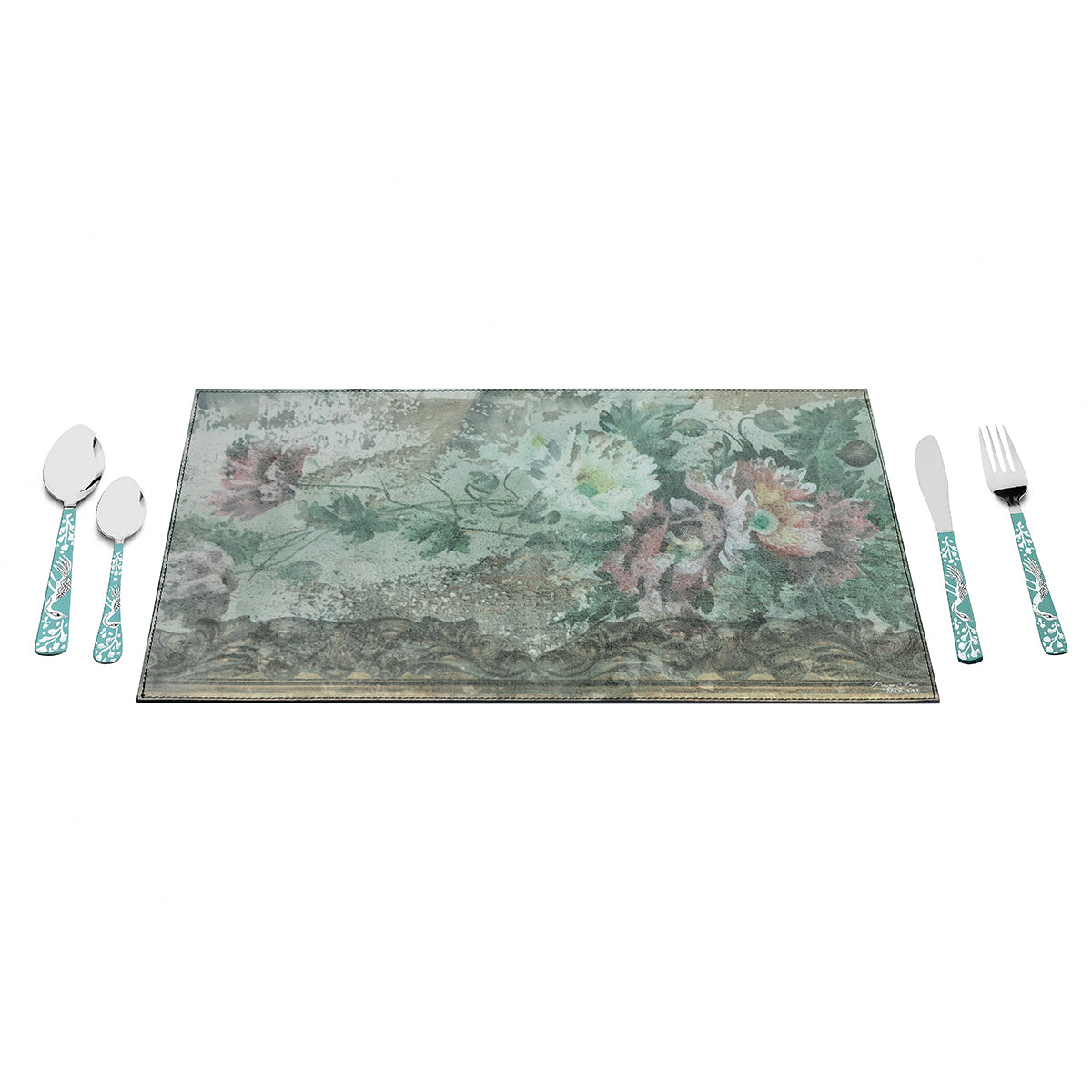 Floral-patterned soft vegan leather table mats, perfect for stylish dining decor