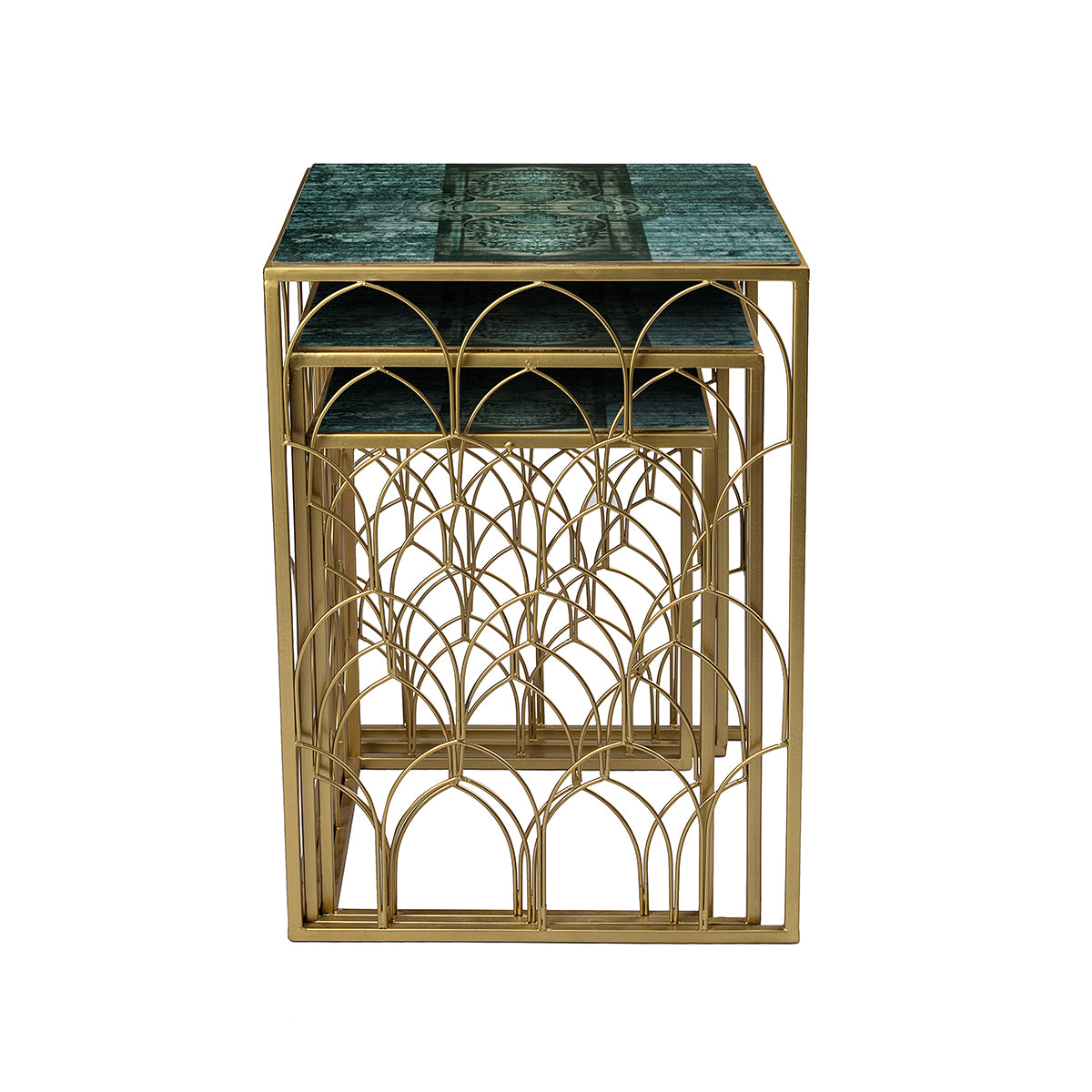 Stacked Antique Motif Metal Jaali Tables Showing Artistic Design