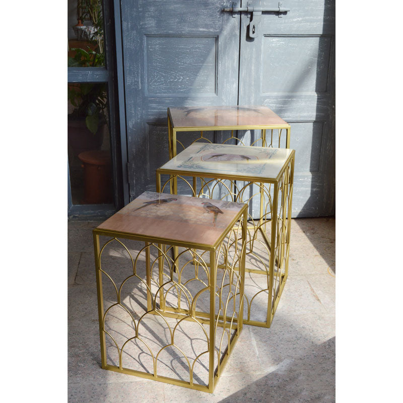 Golden finish metal frame of Parrot Metal Jaali Nesting Tables