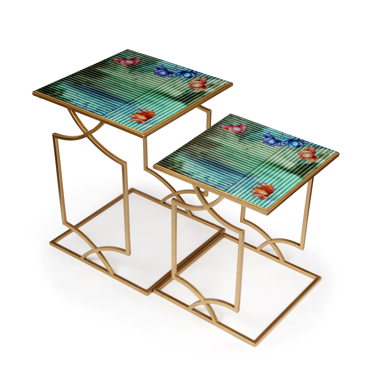 Neon offset against the gold Wild Lotus Stacking wooden Table Set