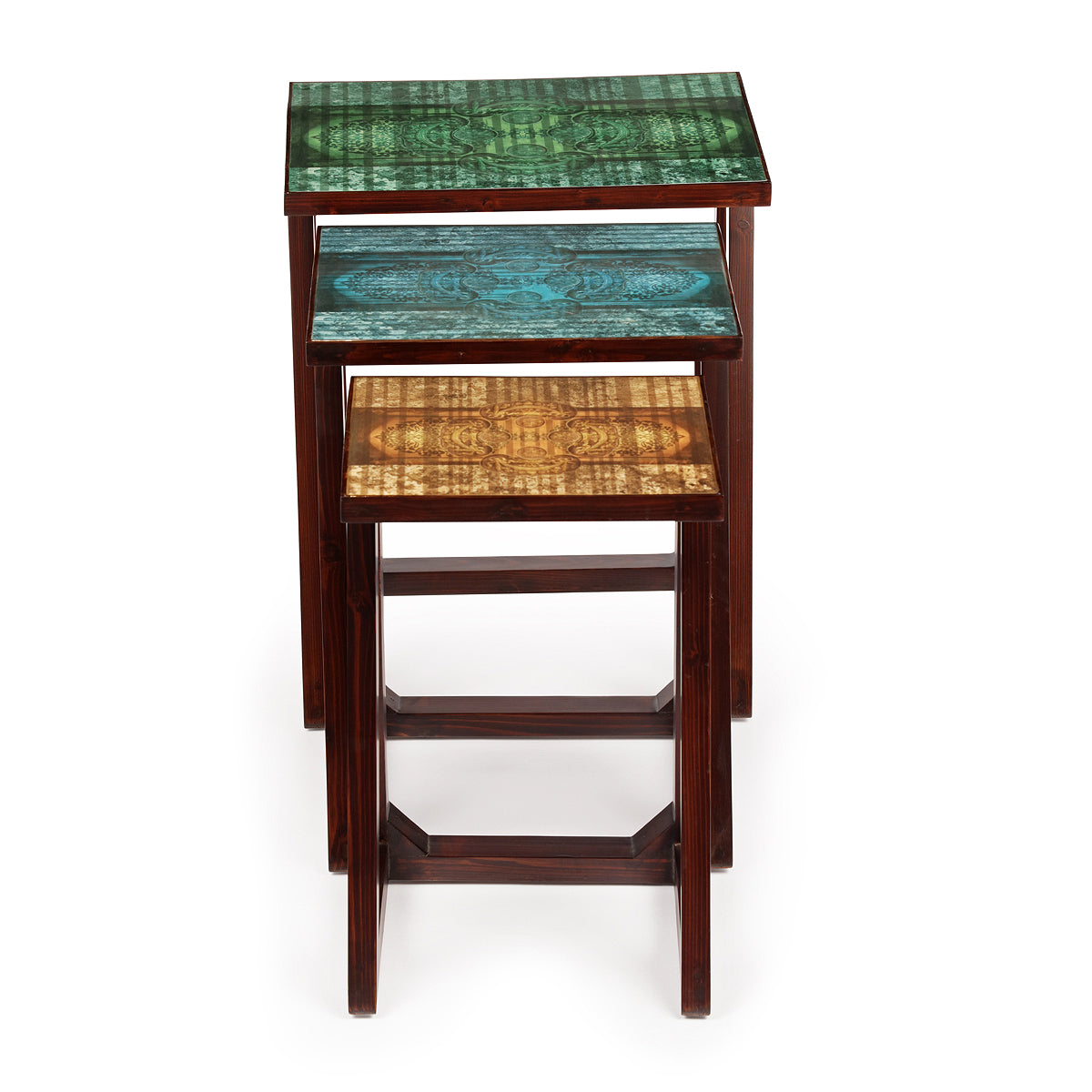 Antique Motif Multi Nesting green, blue and orange Colour Tables (Set Of 3) - Artychoke