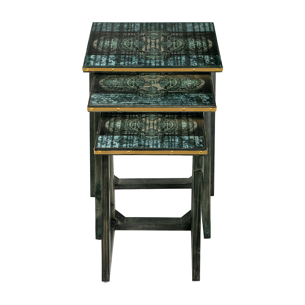 Antique Motif in deep greens and greys Nesting Tables (Set of 3)