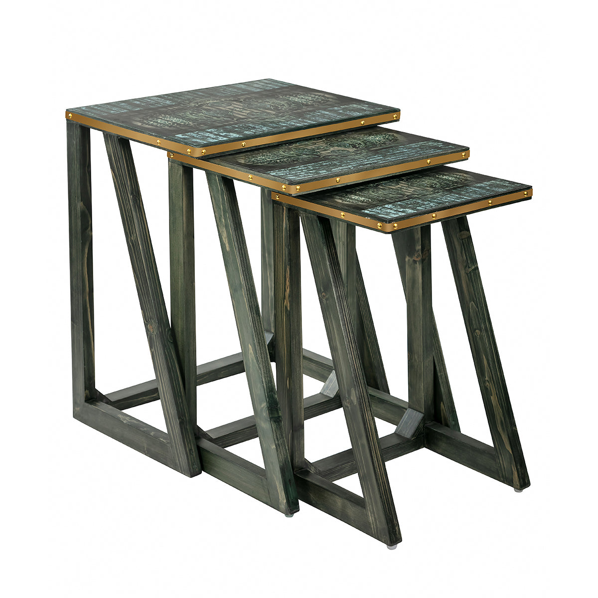 Antique Motif Nesting Deep greens and greys Tables (Set of 3) -Artychoke