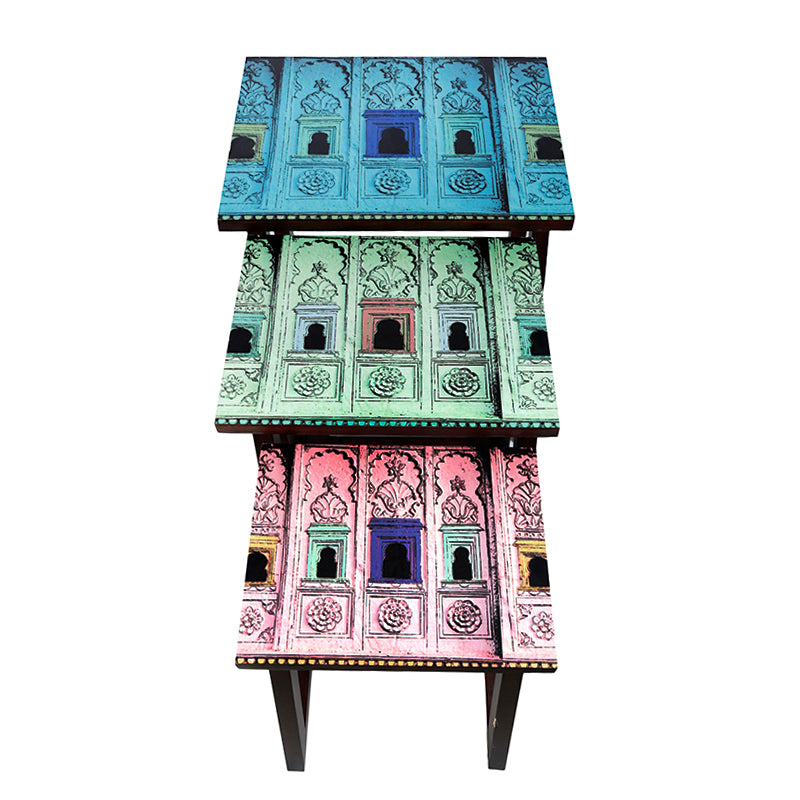 Jharoka stack Wooden tables (Set of 3) tones of blue, green and pink
