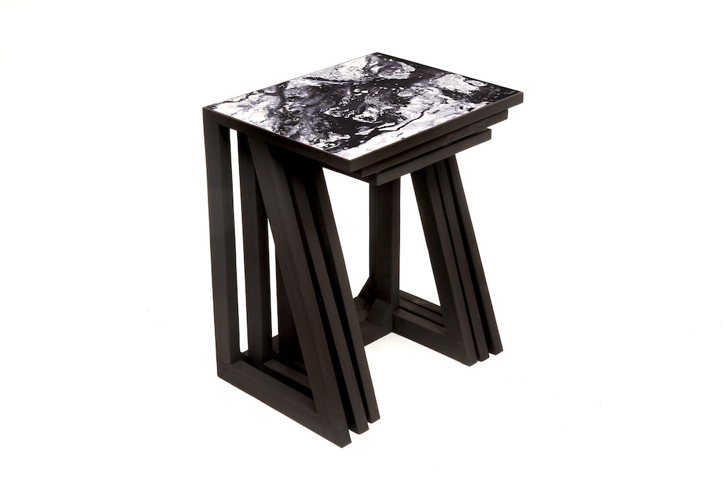 Marble Monochrome Nesting Tables (Set of 3) arranged in a stylish living room setup