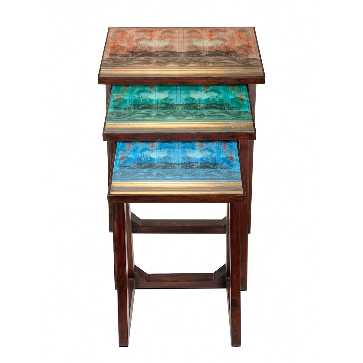 Pichwai Nesting Tables (Set Of 3) with intricate artwork in orange, green, and blue