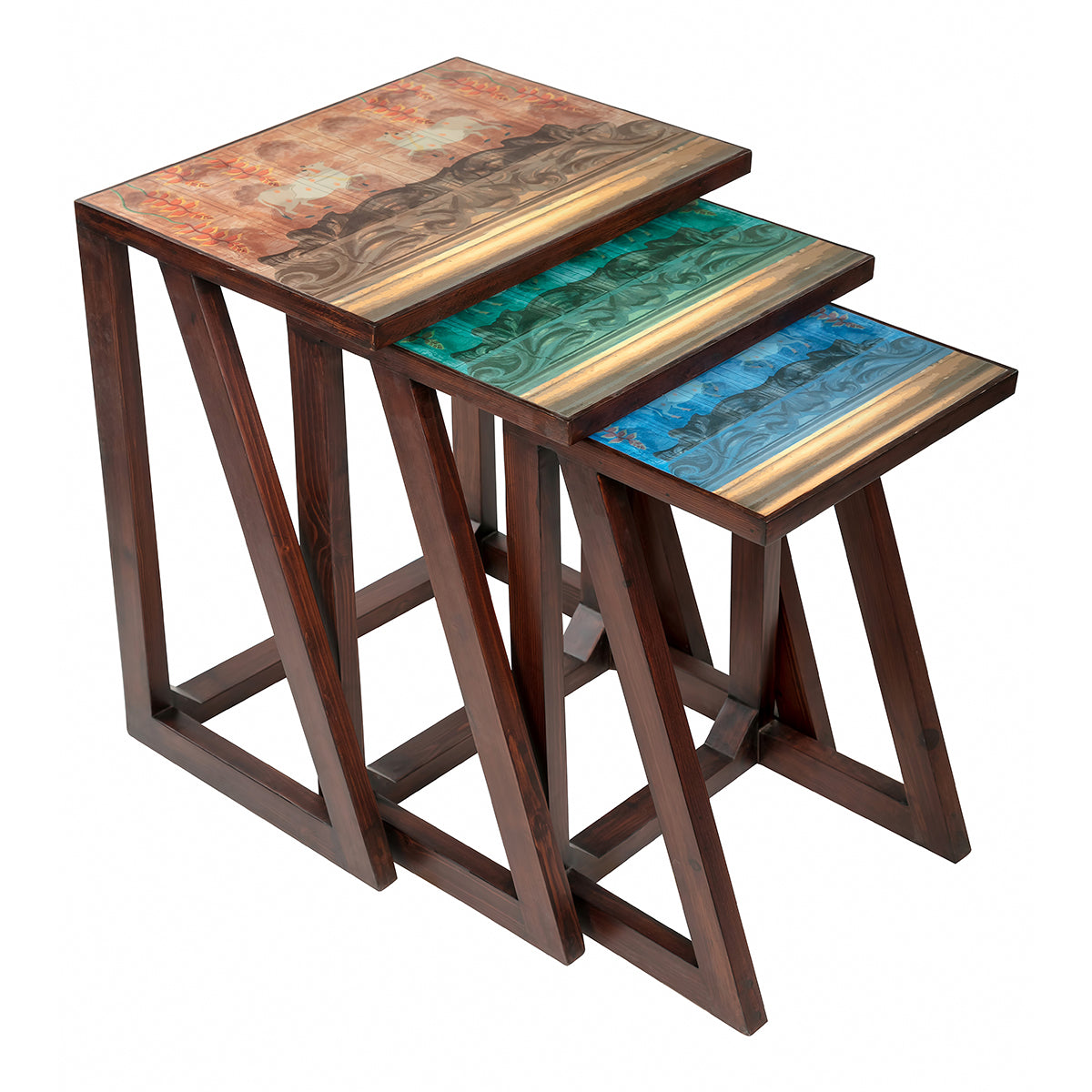 Space-saving design of Pichwai Nesting Wooden Tables (Set Of 3)