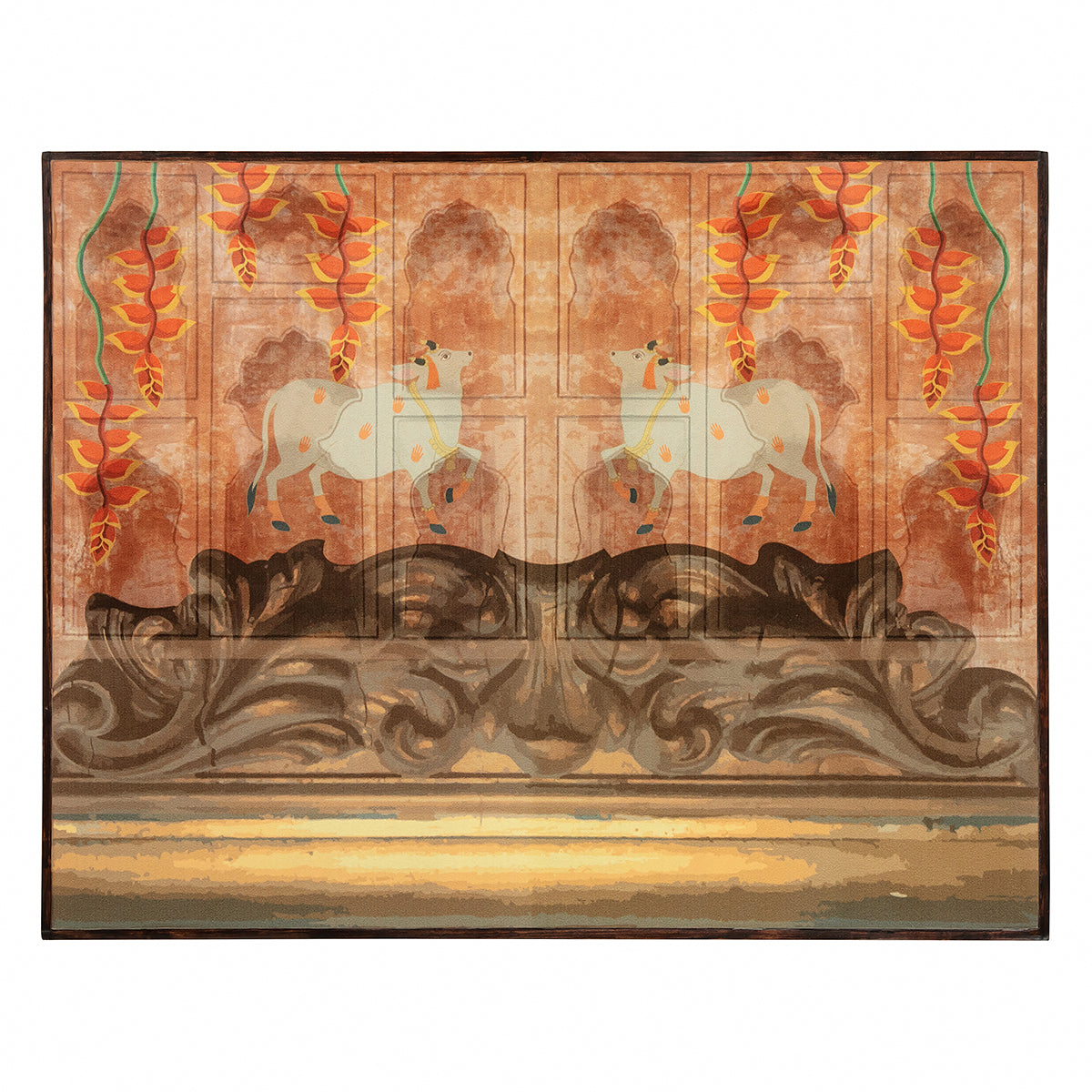 Vibrant pichwai artwork on the custom-printed top of Pichwai Nesting Tables (Set Of 3)