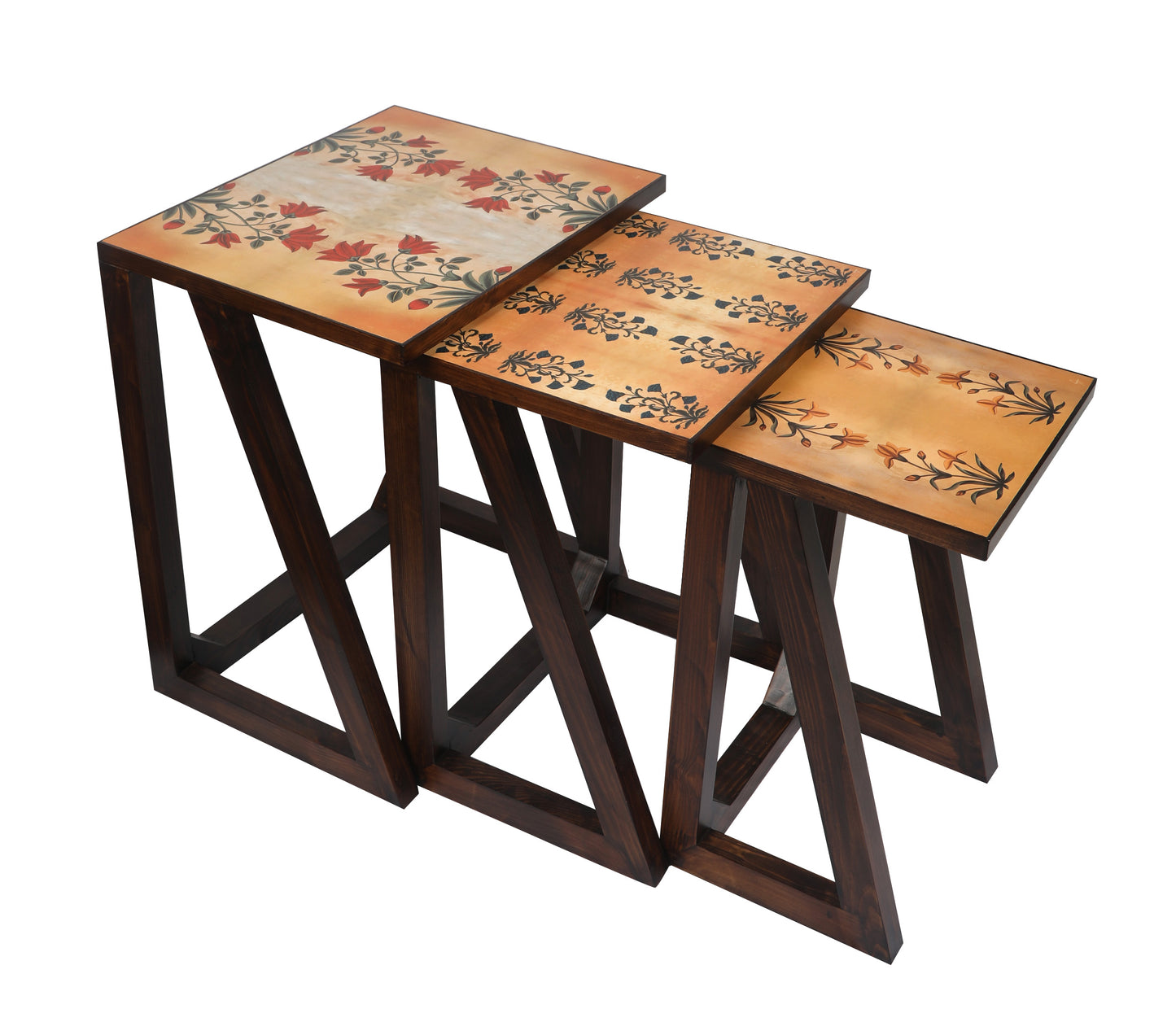 Red Motif Nesting Wooden Tables (Set Of 3) Tones of Brown & Red