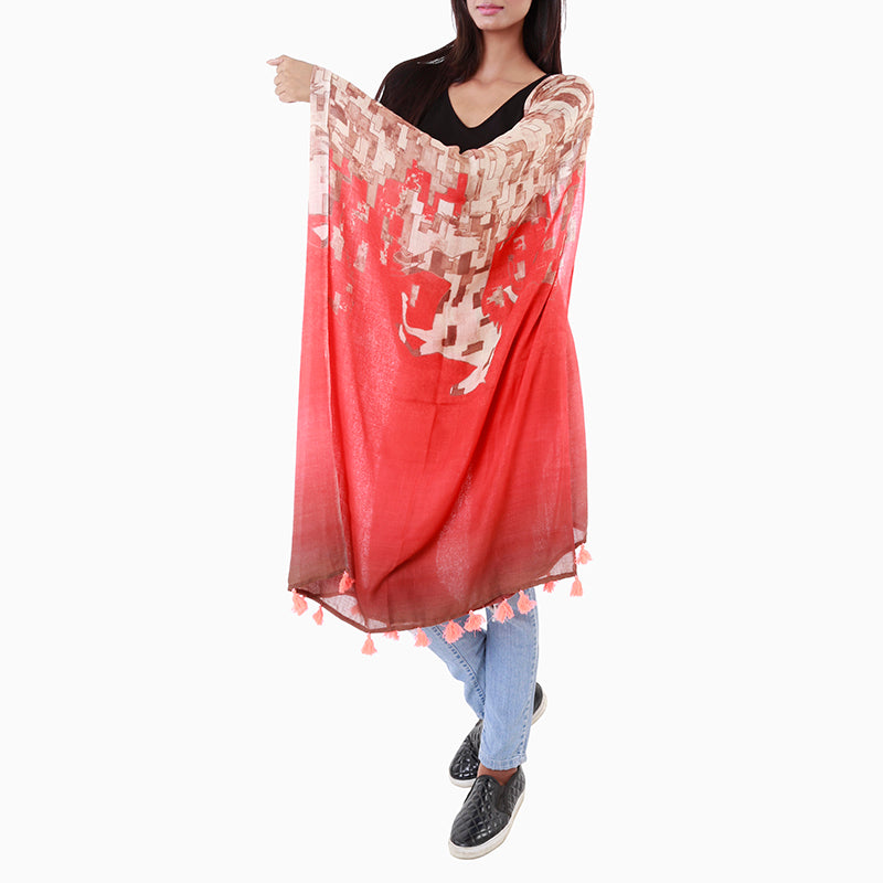 Horse Quad Red Luxuriously soft stole in Linen/ Pashmina