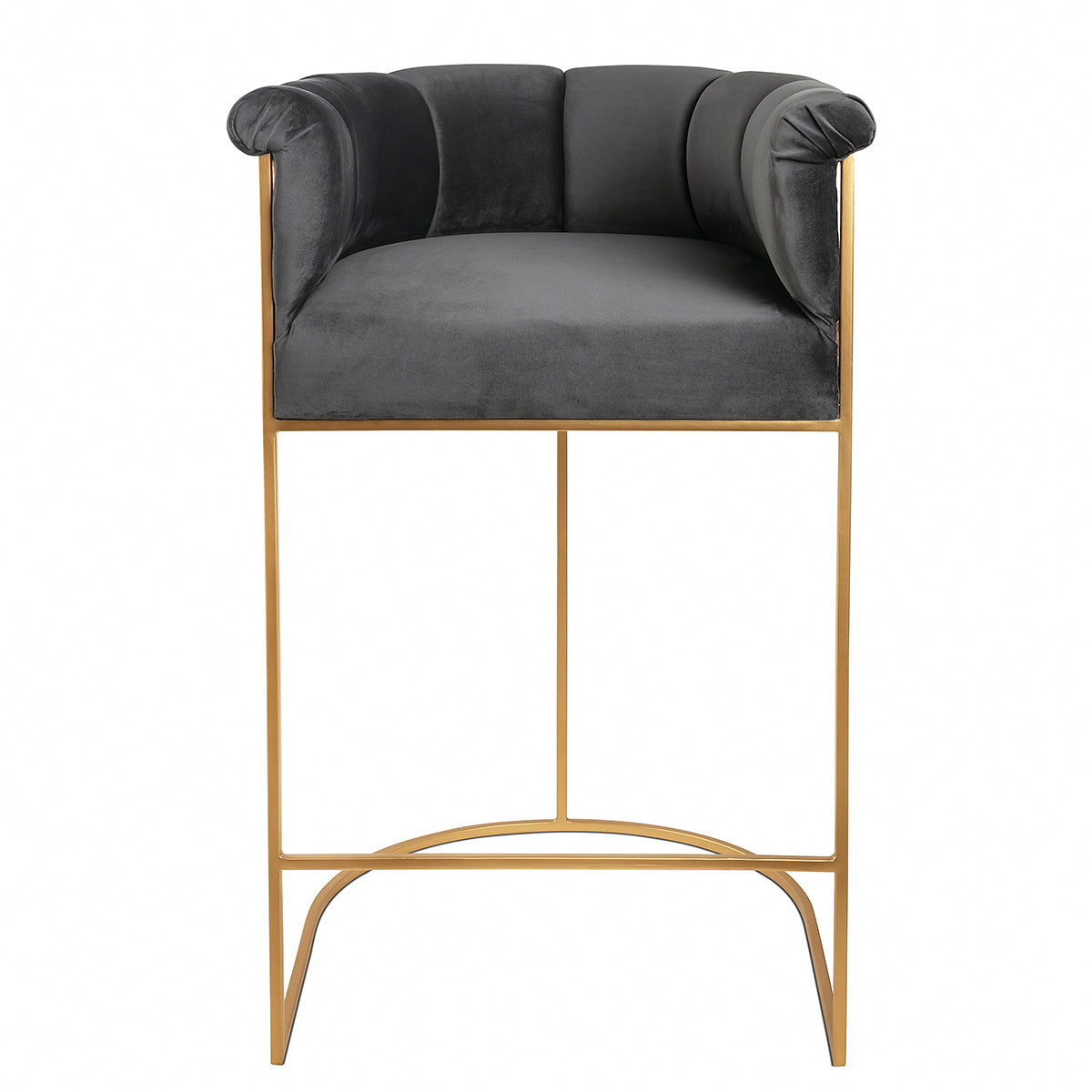 Antique Lotus Half-Circle Metal Frame & Wood With A Soft Velvet Seat Plush Bar Chair