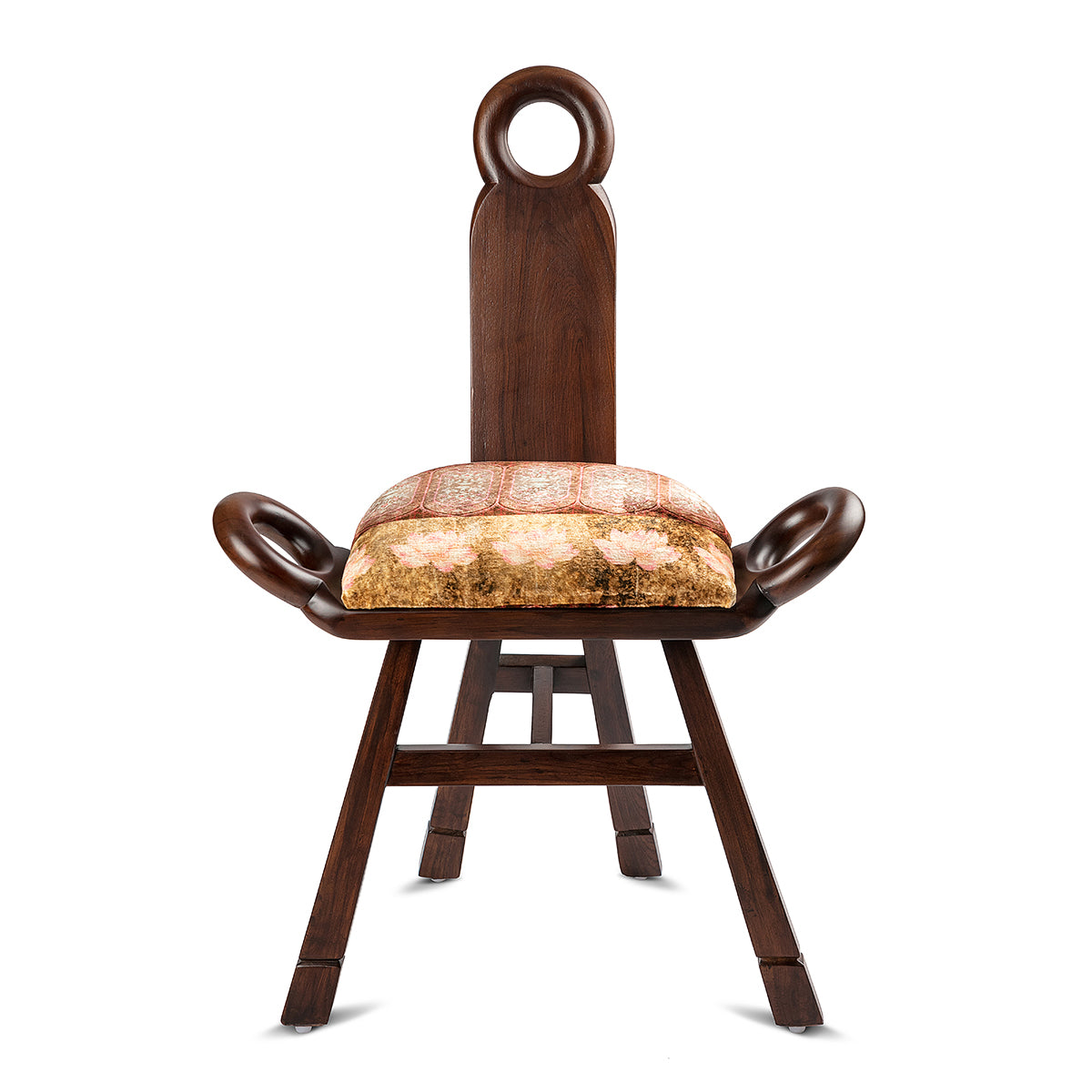 Teak wood & soft velvet Mughal Motif Wine Lotus Saddleback Chair